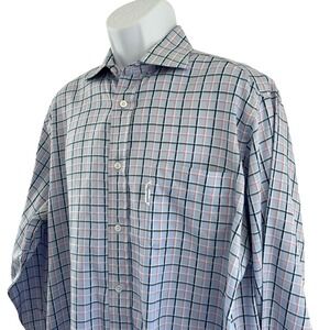 Faconnable Shirt Mens XL 16.5 Blue Pink Plaid Button Up Long Sleeve Cotton USA